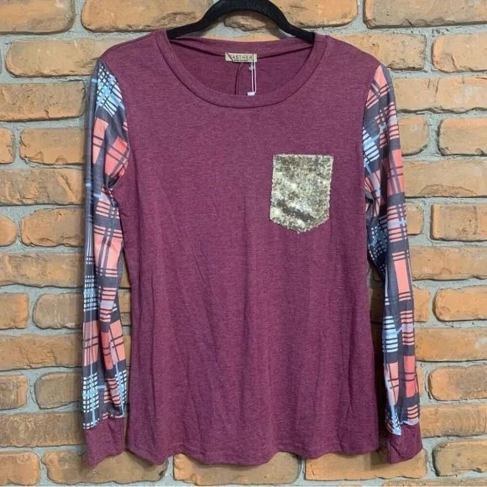 Easther Womens Small Burgundy Plaid Sleeve Sequin Pocket Long Sleeve Top